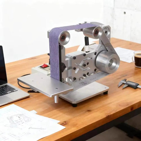 Powerhouse 750W Belt Sander With 915X50mm Sanding Belt For Metal And Wood Projects on a wooden table with sketches.