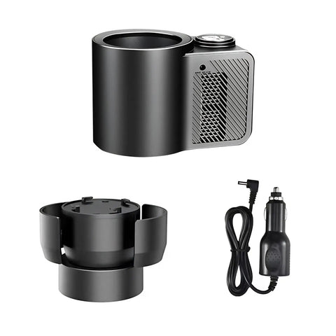 2 In 1 Smart Car Cup Warmer And Portable Cooler 12V Universal Heated Drink Holder With Digital Temp Display, black color, with car adapter.