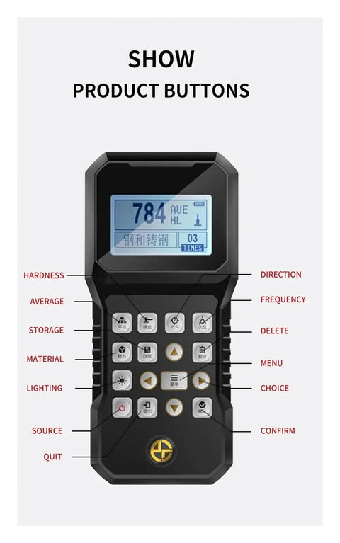 User interface of Your New Go-To Pro Leeb Hardness Tester featuring buttons for functions and readings in a compact design.