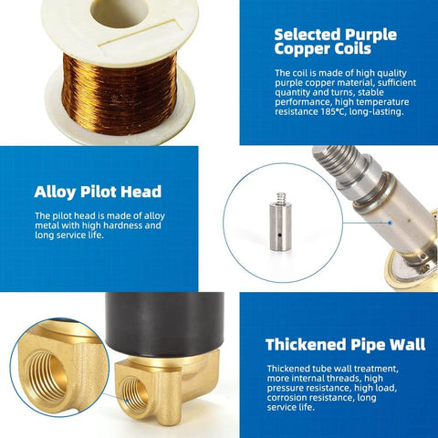 Brass Electric Solenoid Valve 12V Quarter Inch Port Normally Closed With Selected Purple Copper Coils and Alloy Pilot Head