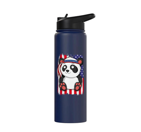 Patriotic American Flag Panda Tee For Women And Girls 4th Of July USA Pride Shirt Plus Stainless Steel Insulated Bottle Set