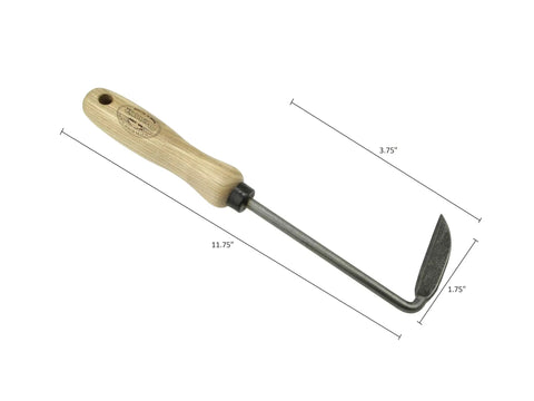 Three Piece Weeding Kit With Disc Weeder, Cape Cod Weeder, And Weedpopper featuring a metal Cape Cod weeder with wooden handle and dimensions