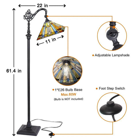 Tiffany Style Stained Glass Floor Lamp 62 inch tall with adjustable arch reading light, 11-inch shade, foot step switch, max 60W bulb.