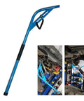 Wishbone Extractor Tool for Car Suspension, blue steel lever bar with hook, used for ball joint removal in garage setting.