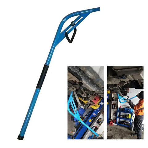 Wishbone Extractor Tool for Car Suspension, blue steel lever bar with hook, used for ball joint removal in garage setting.