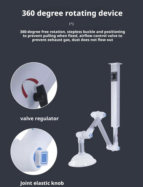 Slick Wall Mount Fume Extractor Hood With Adjustable Aluminum Arms And 360 Degree Tilt device showing valve regulator and joint elastic knob.