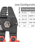 Wire Rope Swager For Crimping Fishing Lines Up To 2.2mm Hardened Steel Jaws With Black Oxide Finish showing jaw configuration chart