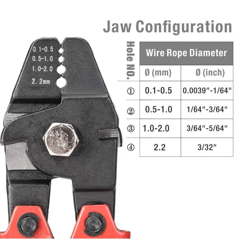 Wire Rope Swager For Crimping Fishing Lines Up To 2.2mm Hardened Steel Jaws With Black Oxide Finish showing jaw configuration chart