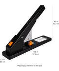 Heavy Duty Long Arm Stapler Handles Two Hundred Ten Sheets Like A Champ And Comes With One Thousand Staples Plus Rapid Jam Ejector For Zero Drama Office Paper Binding Tasks In Black with measurements.