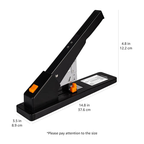 Heavy Duty Long Arm Stapler Handles Two Hundred Ten Sheets Like A Champ And Comes With One Thousand Staples Plus Rapid Jam Ejector For Zero Drama Office Paper Binding Tasks In Black with measurements.