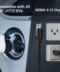 Skysword II Level 1 EV Charger Portable Home EVSE with 110V 16A 25ft Cord showing compatibility with SAE J1772 and NEMA 5-15 outlet