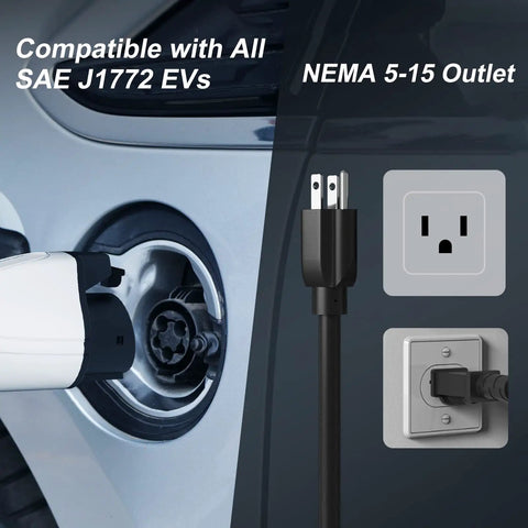 Skysword II Level 1 EV Charger Portable Home EVSE with 110V 16A 25ft Cord showing compatibility with SAE J1772 and NEMA 5-15 outlet