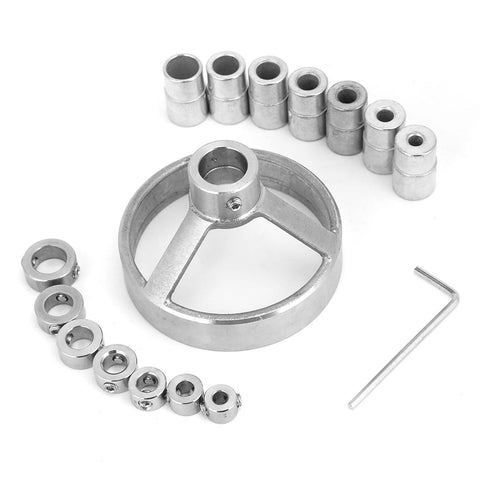 Heavy Duty Woodworking Locator Set for Precise Vertical Drilling and Molding Steel Forged Jigs with Strong Clamps Non Slip Rubber Bases Built To Last 16 Piece Kit for Cutting Grinding and Shaping Various Objects including metal cylindrical guides and a large circular jig.