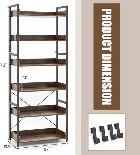 Five Tier Industrial Bookshelf With Four Hooks Built Tough Anti Tip Raised Edge Open Storage For Books Plants Decor