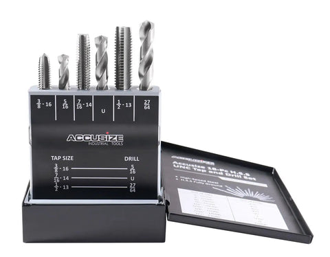 Pro Grade HSS Tap And Drill Set For UNC Threads 18 Piece Kit with metal index and visible taps and drills