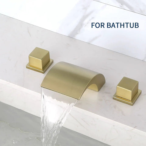 Waterfall Tub Filler Faucet Deck Mount With 3 Hole Brushed Gold Brass Finish Widespread Bath Filler With 2 Handles