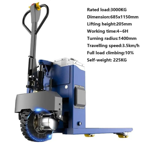 Powerful 6600 Lb Electric Pallet Jack With Lithium Battery And 48V Rechargeable Power For Heavy Duty Warehouse Work Plus Removable Packs and Silent Wheels, side view showing wheels and handle.