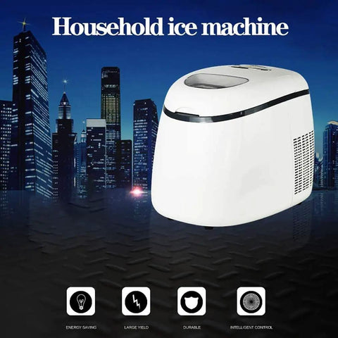 Compact Countertop Ice Maker Slaps Out Crisp Cubes In A Cinch, A sleek white household ice machine on a dark surface.
