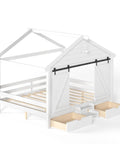Kid Approved Full Size Floor Bed Frame With Sliding Barn Door And Built In Soft Glow Light Farmhouse House Shaped Sleeper frame with drawer storage.