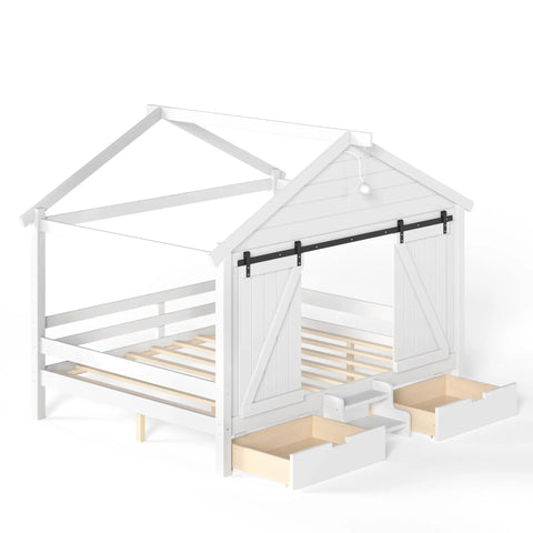 Kid Approved Full Size Floor Bed Frame With Sliding Barn Door And Built In Soft Glow Light Farmhouse House Shaped Sleeper frame with drawer storage.