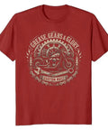 Cool Engineer T Shirt With Vintage Gear Emblem For Garage Projects And Mechanical Gifts Featuring Classic Badge Artwork On Soft Tee shown in red with graphic design.