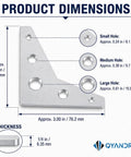 Rock Solid Steel Weld On Gusset Plates 4 Pack Of 3 Inch By 3 Inch Quarter Inch Thick dimensions with hole sizes labeled.