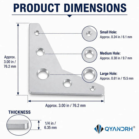 Rock Solid Steel Weld On Gusset Plates 4 Pack Of 3 Inch By 3 Inch Quarter Inch Thick dimensions with hole sizes labeled.