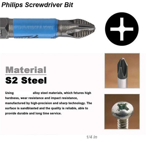 Heavy Duty Magnetic Screwdriver Bits Set With Anti Slip Non Cross Design For Electric Drill And Impact Driver Hand Tools That Hold Screws Tight Without Stripping During Heavy Projects Or Home Repair Jobs, 1/4 in S2 steel Phillips bit