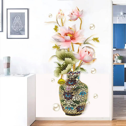 Chinese Style Lotus Flower Vase Wall Sticker With Pearl Accents Peel And Stick Decor For Living Room And Entryway Two Sheets Per Roll Finish Size About 32.2 Inches By 50 Inches Elegant Backdrop Art For Home displayed on a wall.