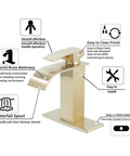Brushed Gold Waterfall Bathroom Faucet Deck Mount Single Handle 4 Inch Install With 6.5 Inch Cover Plate Vanity Sink Faucet No Drip Ceramic Disc Cartridge Easy Install, highlighting solid brass construction and waterfall spout.