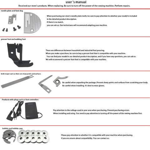 User manual showing replacement parts for sewing machines: needle plate, presser foot, wire knife, thread catcher, and bobbin case