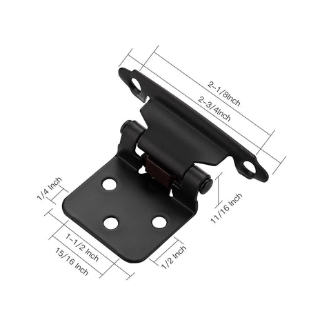 Heavy Duty Slick Black Cabinet Hinges Half Inch Full Overlay 60 Pack With No Mortise Required Effortless Setup Smooth Swing Real Deal Home Improvement Upgrade Fast showing dimensions and design.