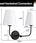 Hardwired 2 Light Dual Lamp Modern Armed Wall Sconce With Flared White Fabric Shades for Bathroom Vanity, dimensions shown