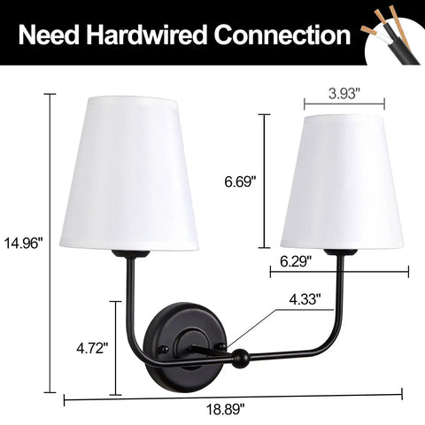 Hardwired 2 Light Dual Lamp Modern Armed Wall Sconce With Flared White Fabric Shades for Bathroom Vanity, dimensions shown