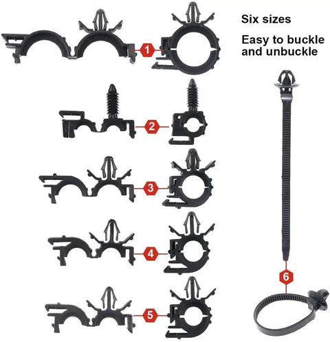 Heavy Duty Nylon Wire Harness Routing Clip Kit 60 Piece Universal Wire Loom Clips for Vehicle Wiring Compatible with Honda GM Mazda Jeep Ford Imports Vibration Resistant and Durable for Clean Neat Routing showing six clip sizes and design details.