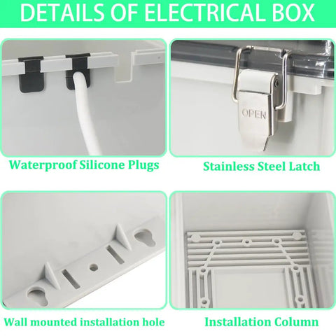 Details of Heavy Duty Outdoor Waterproof Electrical Box With Clear Hinged Lid IP55 featuring silicone plugs, latch, and installation holes.