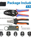 Coaxial Cable Crimping Tool Kit with Five Interchangeable Dies, Rotary Coaxial Stripper, Cutter, and Pliers visible.
