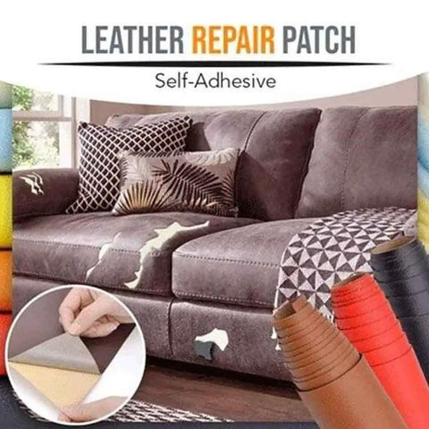 Large Self Adhesive Leather Repair Patch For Furniture Couches Chairs And Car Seats Quick Fix Reupholster Leather Patches 0.6mm Thick Easy Peel And Stick Black 19 By 50 Inch shown on a couch with color options.