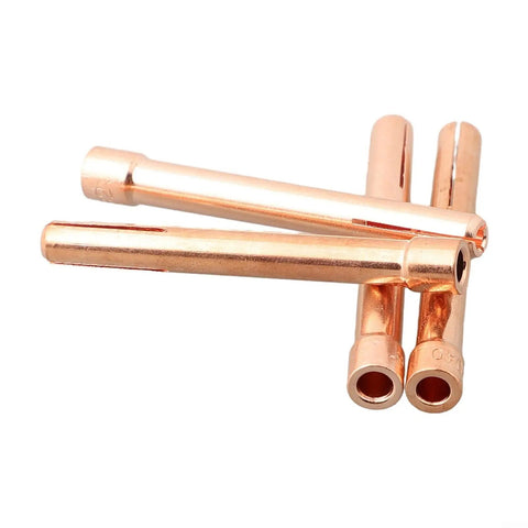 Heavy Duty 4 Pack TIG Welding Torch Collets Kit 10N22 Through 10N25 Fits WP17 WP18 WP26 Air Cooled Torches Copper Gas Lens Nozzles For 1mm To 3mm Rods showing four copper collets arranged together.