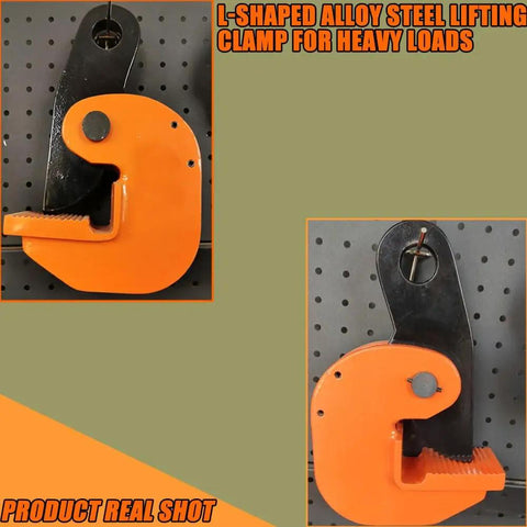 Top Shelf Horizontal Plate Lifting Clamp For Steel And Stone With 5 Ton Capacity Knockout Grip System shown in L-shaped view.