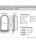 Technical diagram of Durable Urethane Wall Niche 16 3/8 W x 30 H x 8 1/4 D with measurements and installation details.