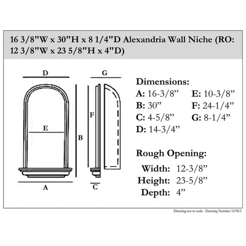 Technical diagram of Durable Urethane Wall Niche 16 3/8 W x 30 H x 8 1/4 D with measurements and installation details.