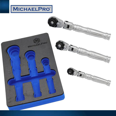 Multi Position Extendable Flex Head Ratchet Set With 72 Tooth Reversible Quick Release Includes Quarter Inch Drive Three Eighths Inch Drive And Half Inch Drive Telescoping Handles For Tight Spots And Extra Reach displayed with case