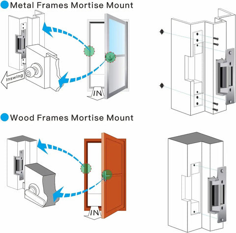 Installation guide for Heavy-Duty 12V DC Electric Door Strike Lock For Access Control with fail-safe and fail-secure options on metal and wood frames.