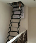 Heavy Duty Electric Attic Ladder Pull Down Loft Stairs With Slick Remote Trigger, retractable staircase seen in ceiling access.