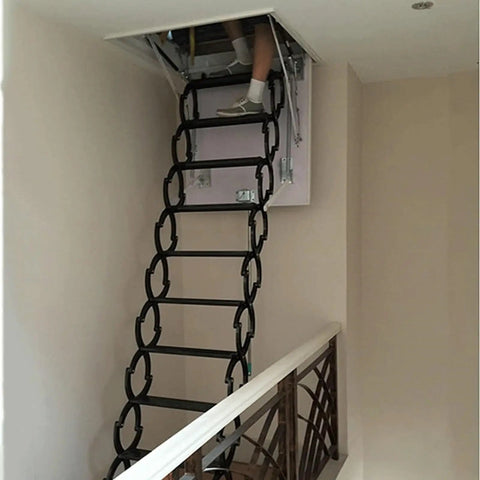 Heavy Duty Electric Attic Ladder Pull Down Loft Stairs With Slick Remote Trigger, retractable staircase seen in ceiling access.