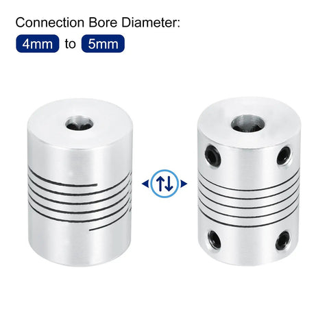 Two Pack 4mm To 5mm Aluminum Shaft Coupling Flexible Coupler Beam 25mm Long 19mm OD For 3D Printers CNC Machines Silver