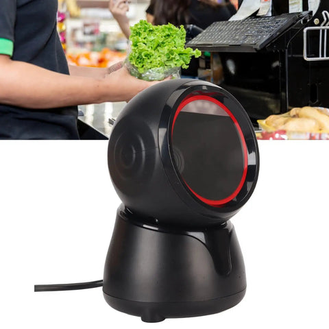 Desktop Barcode Scanner With Global Shutter And Big Window LED Indicator in a retail checkout counter setting.