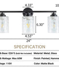 Go To Modern Matte Black Vanity Light Fixtures 24 Inch Three Light Hammered Glass Industrial Sconces specifications and dimensions