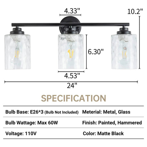 Go To Modern Matte Black Vanity Light Fixtures 24 Inch Three Light Hammered Glass Industrial Sconces specifications and dimensions